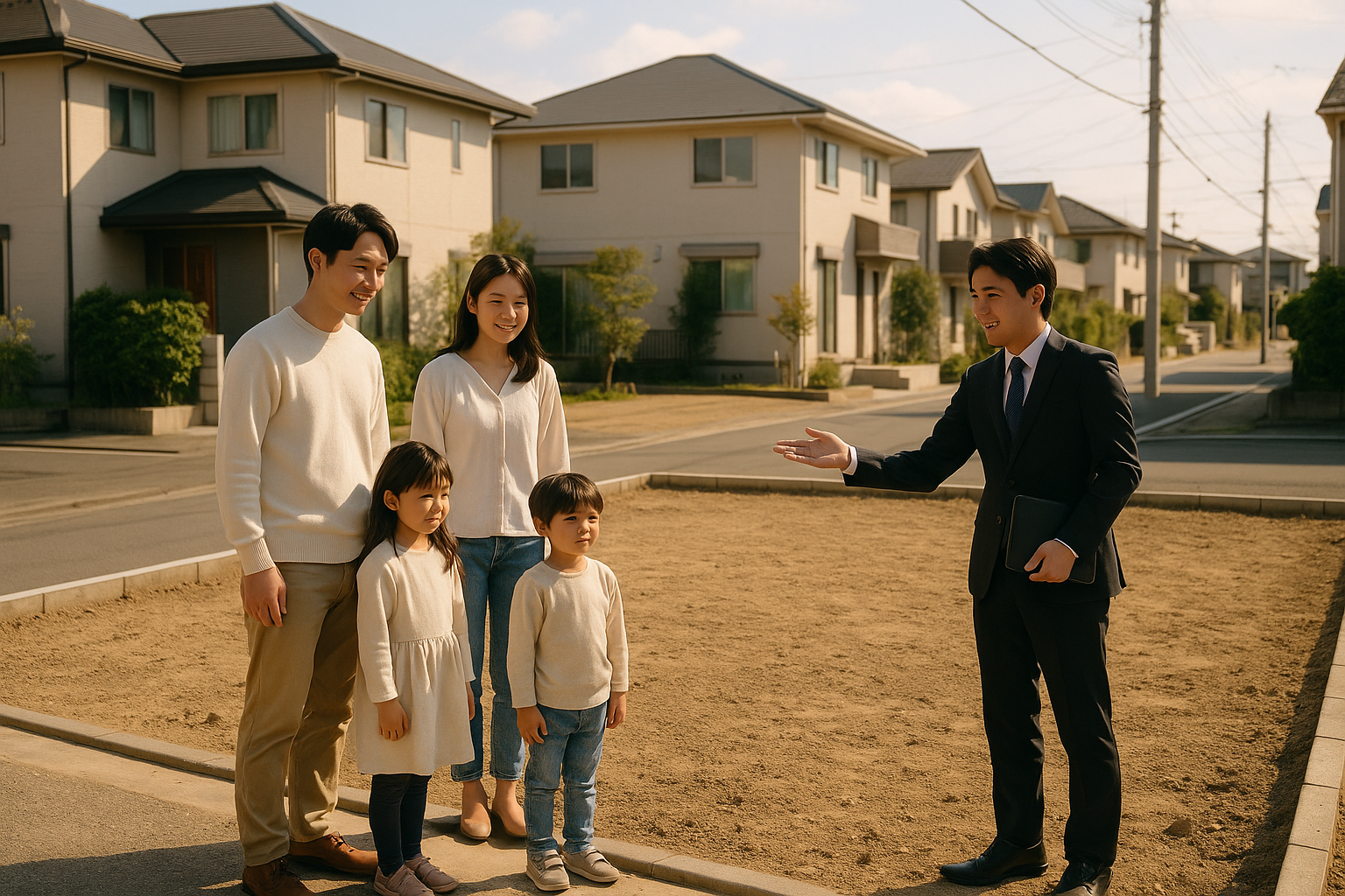 不動産エージェントと一緒に土地を見学する家族